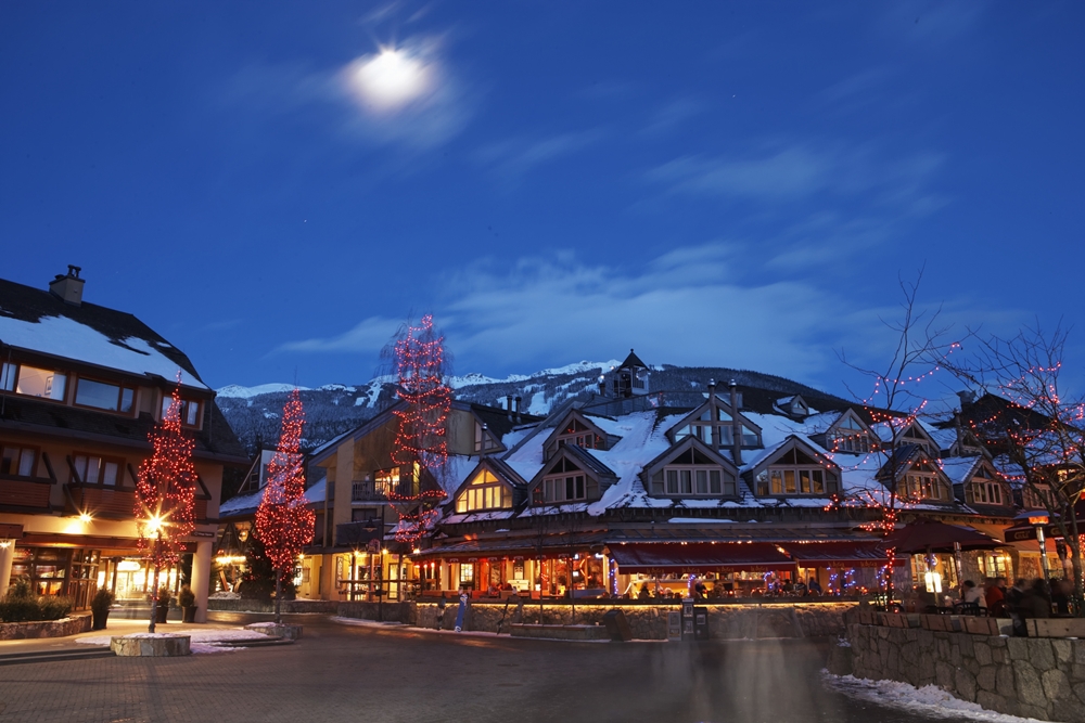 moon over Whistler Village at dusk