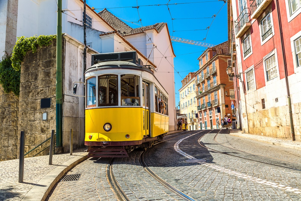 Tram running through Lisbon