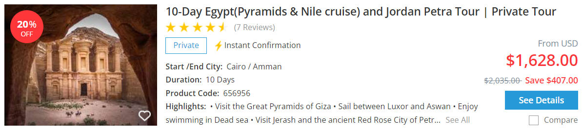 10-Day Egypt(Pyramids & Nile cruise) and Jordan Petra Tour
