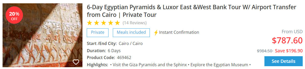 6-Day Egyptian Pyramids & Luxor East &West Bank Tour W/ Airport Transfer from Cairo