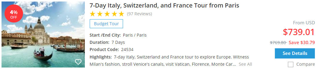 7-day italy switzerland and france tour