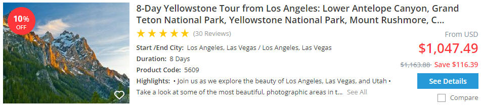 8-day yellowstone tour from la
