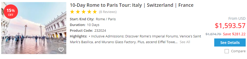 10-day italy switzerland france tour package