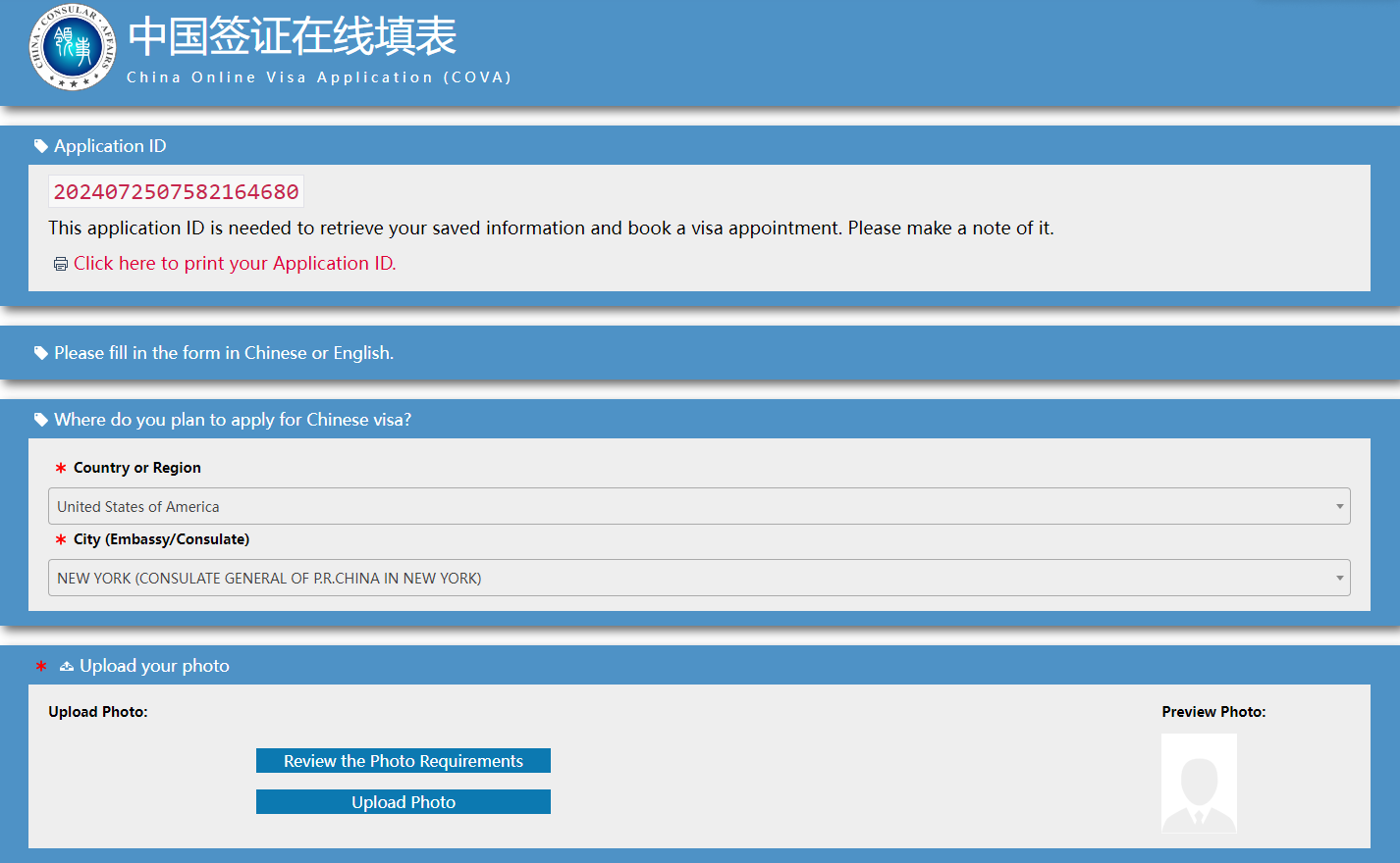 China Online Visa Application Form