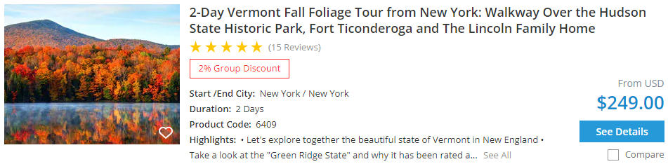 2-day Vermont fall foliage tour