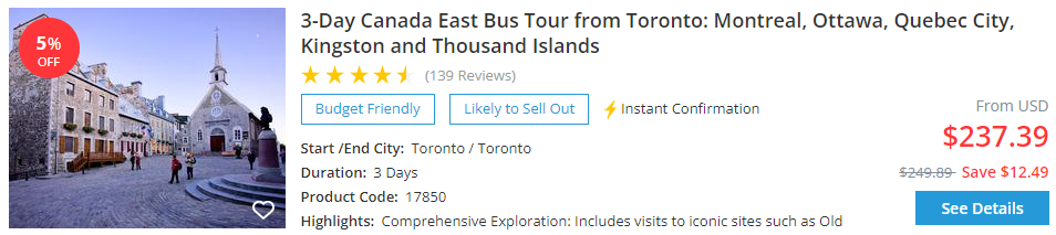 3-day Canada East bus tour