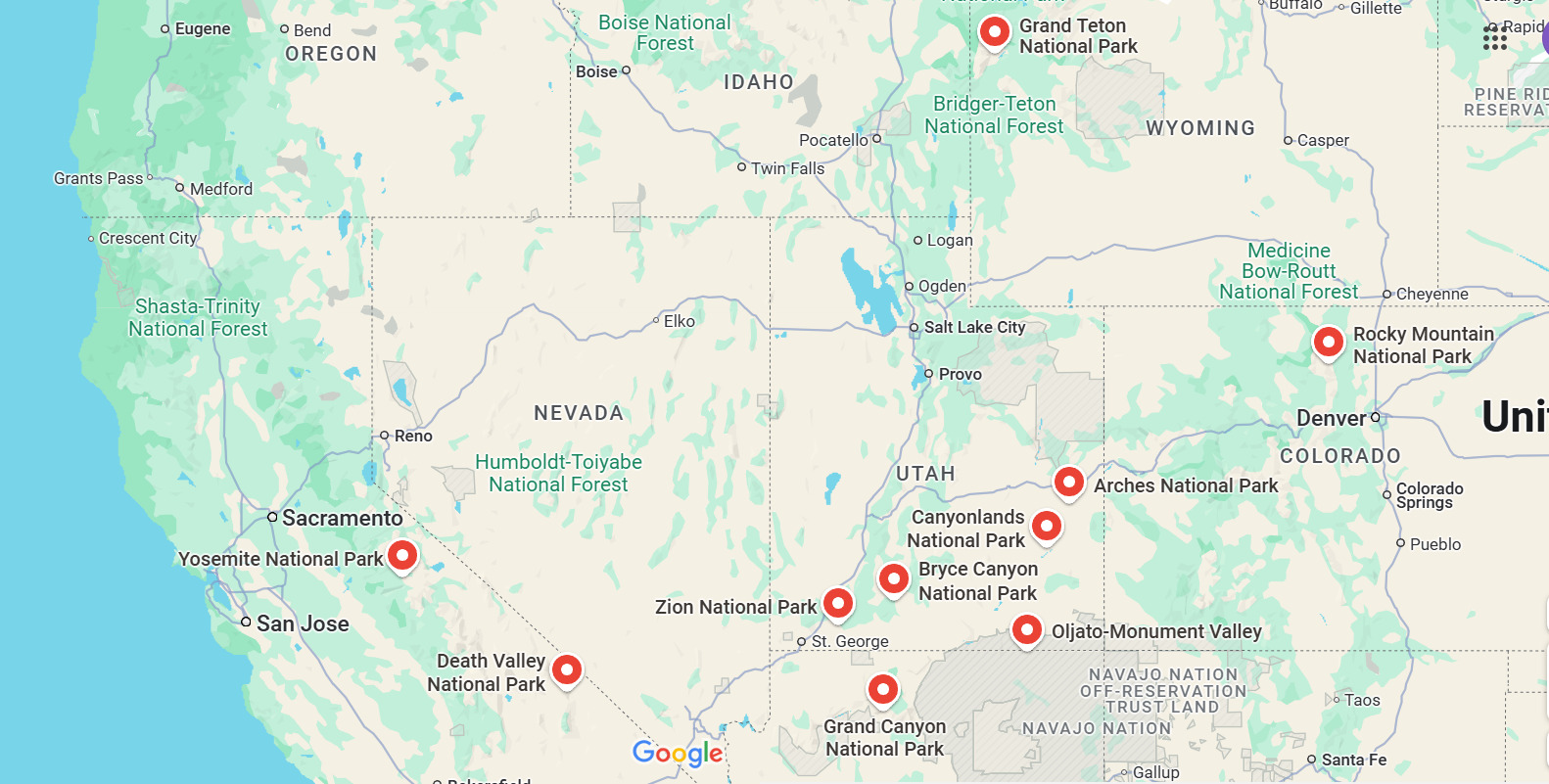 Map of National Parks in the Western United States
