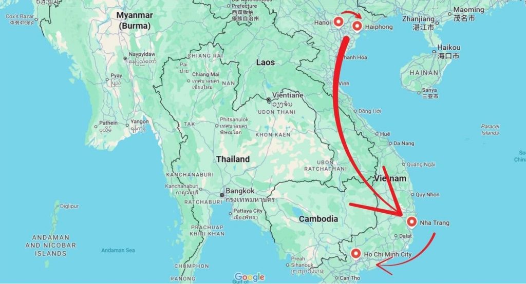 Itinerary map from Hanoi