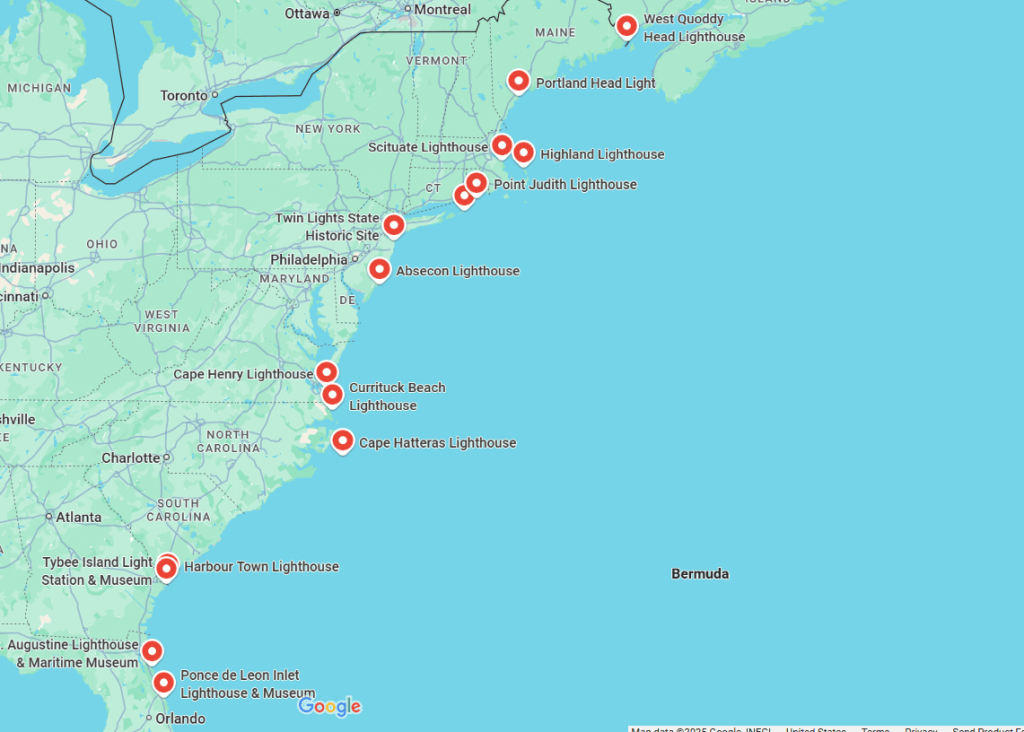 East Coast Lighthouses Map